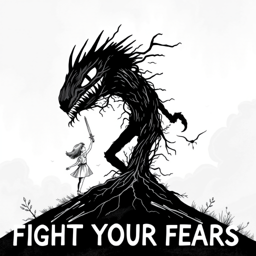 Fight your fears illustration of black and white minimalist of a little girl standing on a hill, raising a sword in hand, she is facing a large menacing creature with large head, sharp teeth and sharp claws, its body is made of vines and roots. The background is a cloudy sky with a hint of smoke or fog. The overall mood of the image is dark and eerie.