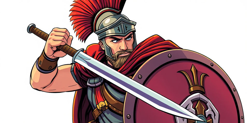 Create a detailed illustration of a Roman soldier wielding a sword, depicted in a dynamic pose with an expressive face, using vibrant colors and clear outlines, captured from a slightly low angle for a heroic effect, using a digital illustration style with high resolution at 300 DPI.