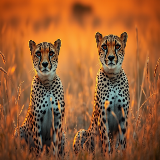 Two cheetahs sitting in tall golden grass during sunset, captured with a Canon EOS R5, 85mm lens, f/1.8, ISO 200, 1/500s, with a shallow depth of field and vibrant colors, emphasizing their unique fur patterns and sharp gazes, in warm natural lighting.