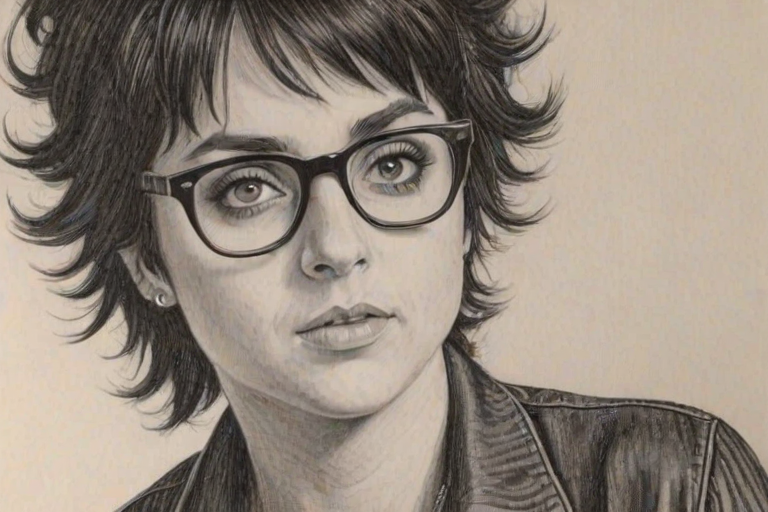 Delightful Billie Joe Armstrong, pencil sketch, portrait of Attractive woman 1976s in glasses, hair style beatnik, outline, clear lines, fine lines, 8k