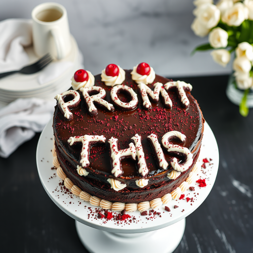 black forest gateau cake spelling out the words "PROMPT THIS", tasty, food photography, dynamic shot