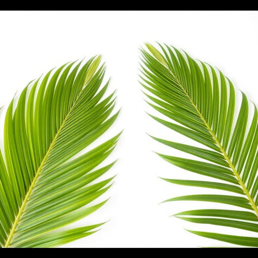 Generate an image of two vibrant green palm leaves with intricate details against a plain white background, shot with a DSLR camera at f/2.8 aperture, ISO 100, and a 50mm lens, using a soft natural light style to enhance texture and color depth.