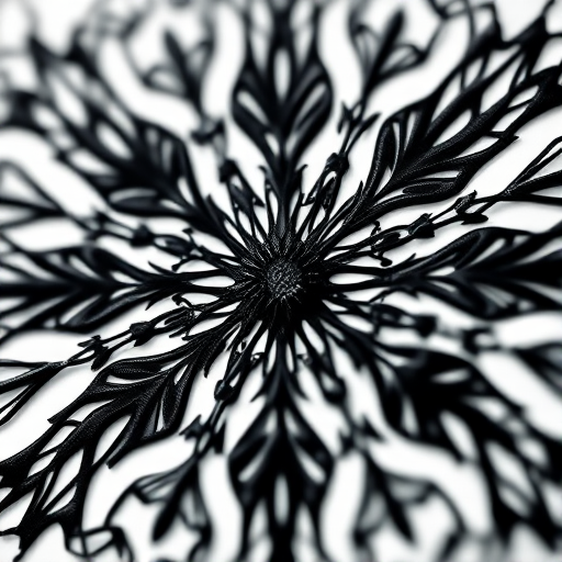 A close-up of a beautifully intricate black abstract pattern on a white background, shot with a Canon EOS R5 at f/8, ISO 100, 1/250s, with a macro lens to enhance details and clarity, using a soft natural light setup for even illumination.