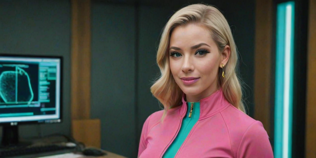 doctorblight, portrait, face, close up portrait, (computers in background), realistic, smooth, high details, masterpiece, 4k, smile, (blonde hair), (blonde hair with a white streak), (pink lips), (green eyes), sexy, woman, (pink jumpsuit), (tight pink jumpsuit with yellow elements), (turquoise collar), (yellow zipper), (confident), (black eyebrows), (turquoise seams), (hair over one eye), (green earrings), (skin tight pink jumpsuit)