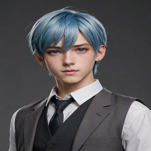 niji3d, aromasensei, 748cm, beitemian, wlopwangling, ttguweiz, fugtrup, solo, looking at viewer, short hair, bangs, blue eyes, simple background, shirt, long sleeves, 1boy, hair between eyes, jewelry, closed mouth, blue hair, jacket, white shirt, upper body, male focus, earrings, collared shirt, vest, formal, suit, black background, male child