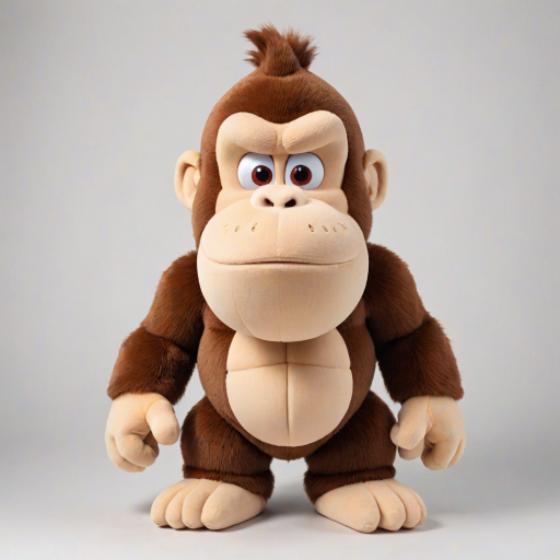 Donkey Kong children's version of an adorable and cute cotton plush with a full body on a white background. A good front pose is visible with extreme quality and every detail. The image features good lighting, a well-chosen color palette, and a 3D appearance.