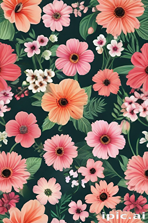 A Vibrant Floral Pattern Featuring Various Colorful Flowers on a Dark ...
