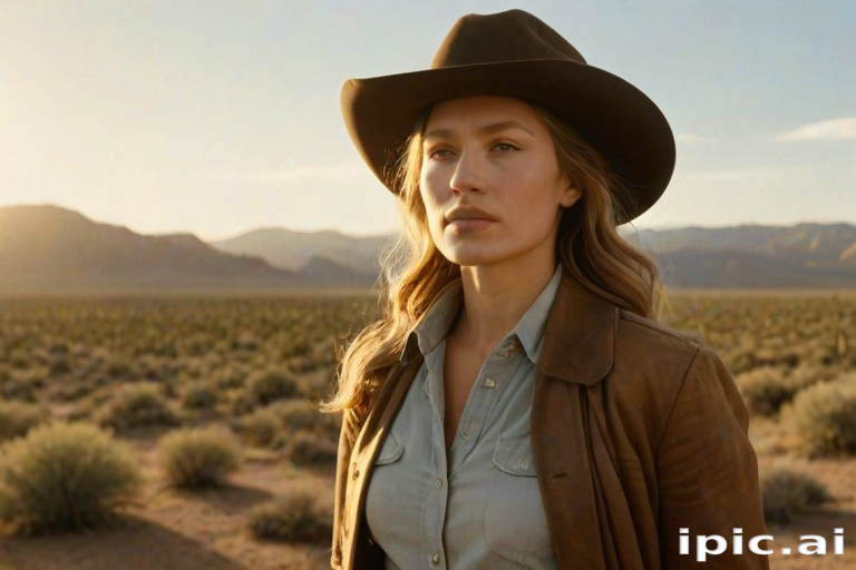 Dramatic photo of a beautiful Western American woman, classic cowboy attire, confident and free spirit expression, half-length portrait, centered, golden hour desert landscape, warm, diffused light, low angle, medium format film camera, in style of Annie Leibovitz.