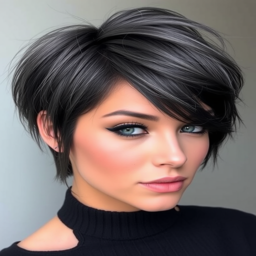 Smoky charcoal gray hair styled in a textured pixie cut with long, side-swept bangs, the Storm Cloud Chic style exudes edgy elegance and modern allure
