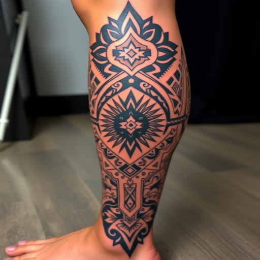 Neo-tribal fusion tattoo covering the entire leg, blending traditional Polynesian patterns with modern geometric elements for a bold and culturally inspired design
