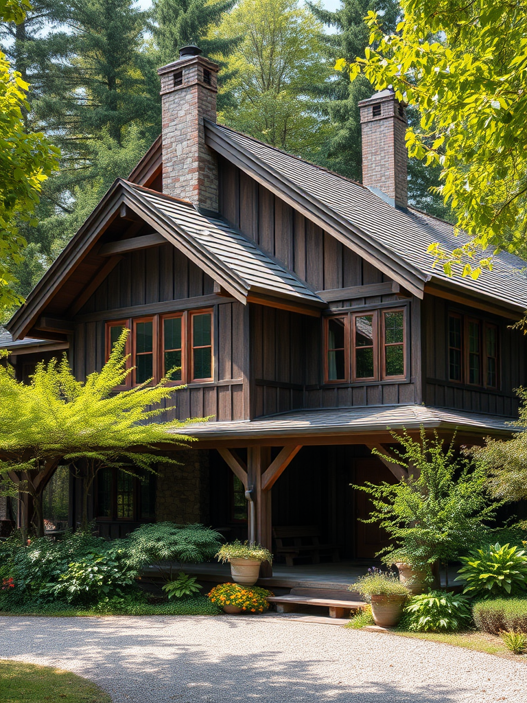 regenerate an image of a rustic timber-framed house surrounded by lush greenery, taken from a slightly elevated angle using a DSLR camera, focal length 35mm, aperture f/8, ISO 200, natural lighting to enhance details and colors