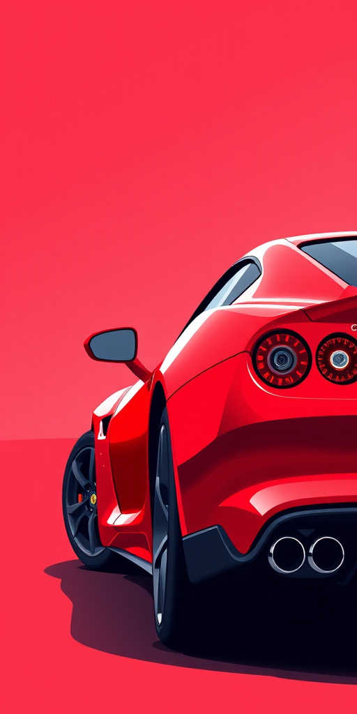 Create a high-resolution illustration of a sleek red sports car from a slightly elevated rear three-quarter perspective, using a digital art style reminiscent of vector graphics, with vibrant colors and smooth shading, captured using a virtual camera with a focal length of 35mm and an aperture of f/4 for enhanced depth of field.