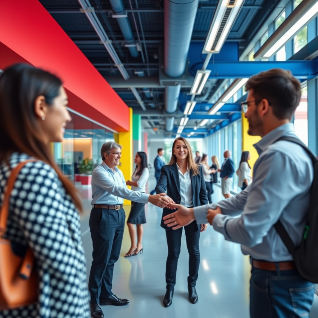 create a modern office scene with people interacting and shaking hands in a brightly colored environment, use a Canon EOS R5 with a 24-70mm f/2.8 lens, set aperture to f/4, ISO at 100, shutter speed 1/125s, wide-angle view, vibrant and sharp colors, focus on depth of field and clarity.