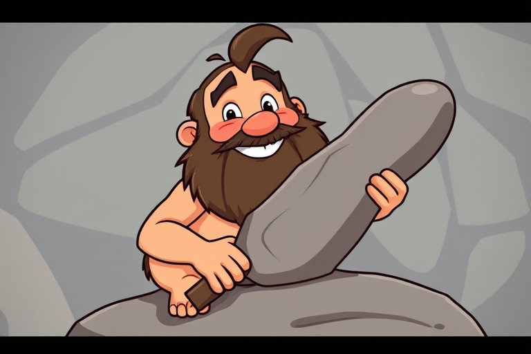 Create a cartoon-style illustration of a cheerful caveman with a bushy beard smiling while working on a large stone tool, situated on a grey rock, using vibrant colors and smooth lines, shot with a digital camera at f/8, ISO 100, 35mm lens to enhance image clarity and detail.