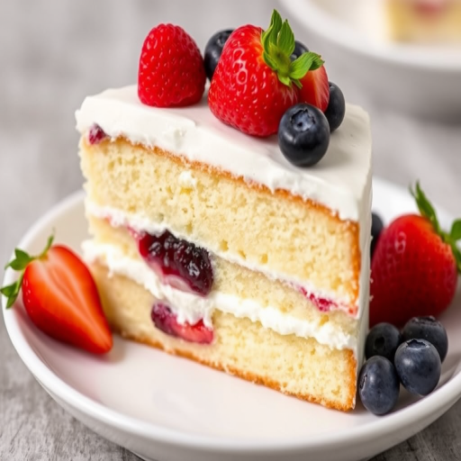 A slice of layered vanilla cake with whipped cream frosting and mixed berries on top served on a plate with fresh strawberries and blueberries on the side. The cake has a light and fluffy texture with visible layers of cream and berries.
