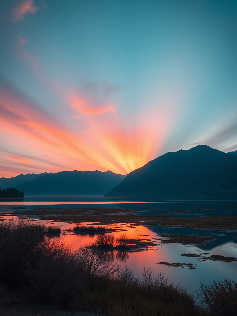 Generate a high-resolution image of a serene landscape with mountains and a lake at sunset, captured with a Canon EOS R5 at f/11, ISO 100, shutter speed 1/125s, using a wide-angle lens, in a vibrant color style, emphasizing the reflections in the water.