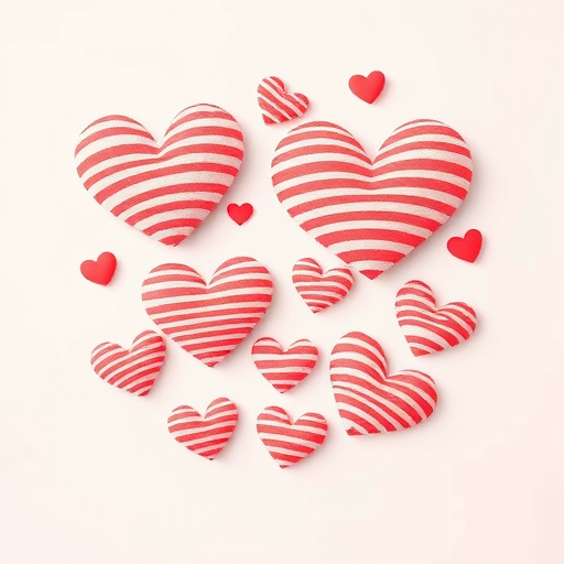 Create an illustration of hearts with stripes in various sizes and orientations on a light background, using a Canon EOS R6 camera, 50mm lens, f/2.8 aperture, ISO 100, and a soft focus effect to enhance the image quality.