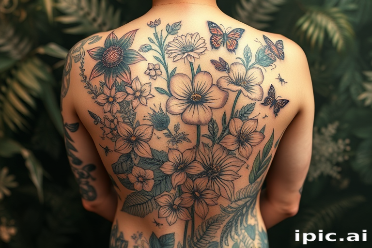 Enchanting botanical tattoo covering the entire back, showcasing a lush garden scene with detailed flowers, leaves, and insects, employing a combination of fine lines and soft coloring for a realistic effect