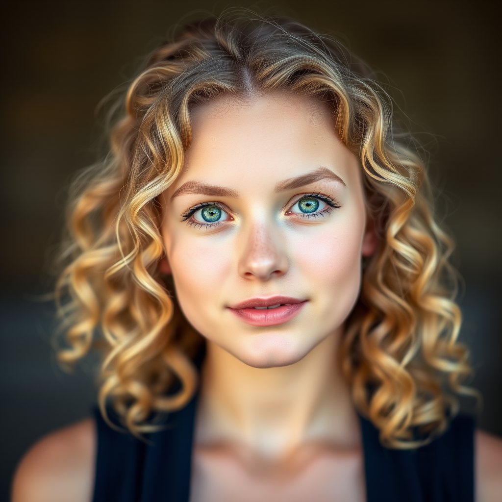 Portrait of a young woman with curly blonde hair and green eyes, natural lighting, shallow depth of field, 85mm lens, aperture f/1.8, ISO 100, captured with a full-frame DSLR camera, soft bokeh background.