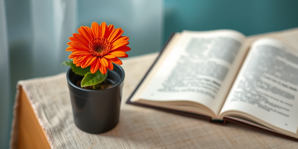 A single vibrant orange flower in a sleek black pot on a textured tablecloth, with an open book next to it, softly lit from a teal background, shot with a DSLR camera, 50mm lens, f/1.8 aperture, ISO 200, 1/60 sec shutter speed, taken from a 45-degree angle for depth and clarity.