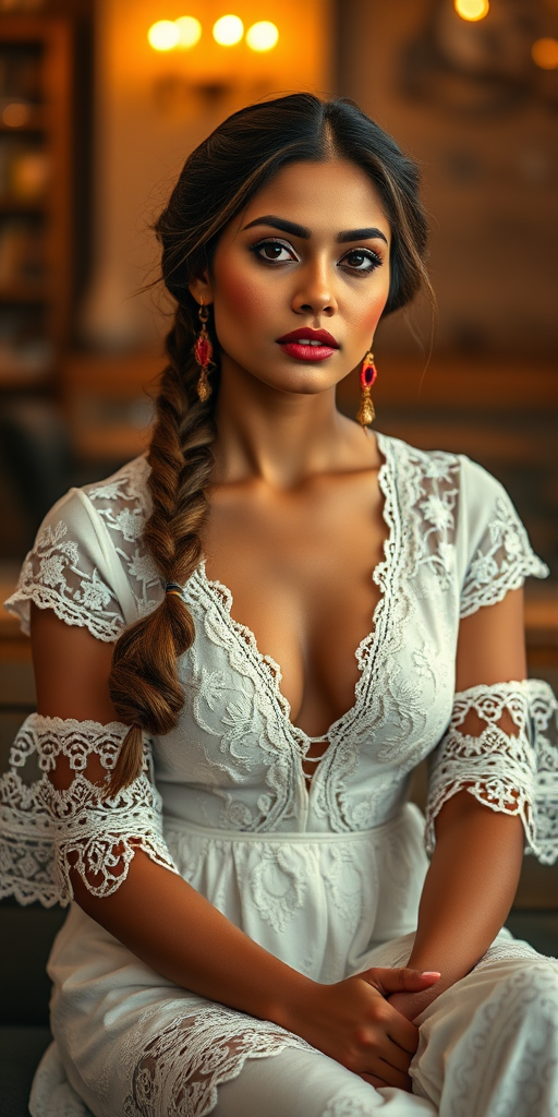 Create a portrait of a refined and elegant Nepali woman seated in a sophisticated setting. She has long, wavy hair styled in two thick braids that are pulled over her shoulders. She wears a white, lace gown with intricate patterns, featuring a deep V-neckline and short sleeves. The dress exudes a vintage charm with its delicate lacework. She is adorned with ornate, dangling earrings that add a touch of glamour to her appearance. The background is softly lit, with warm, ambient lighting that creates a cozy and inviting atmosphere. Her expression is poised and serene, capturing a sense of grace and elegance.