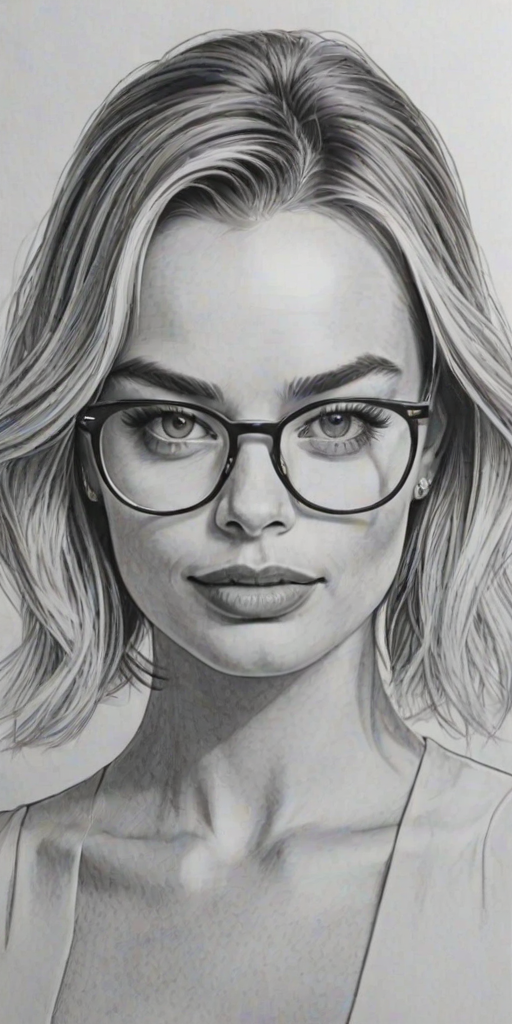Beautiful Margot Robbie, pencil sketch, portrait of beautiful woman 60s in glasses, hair style beatnik, outline, clear lines, fine lines, 8k