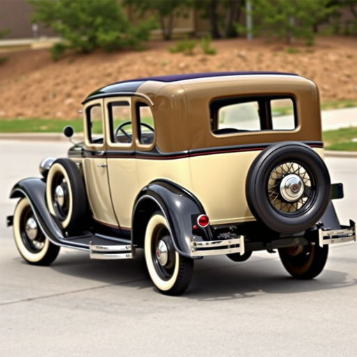Regenerate the image of a classic 1930s cream and black sedan with white wall tires and a rear-mounted spare tire, using a DSLR camera with a 50mm lens, f/1.8 aperture, 1/160 sec shutter speed, ISO 100, shot in natural daylight from a three-quarter front view with a slight perspective to emphasize the curves.