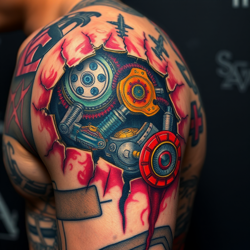 Vibrant biomechanical body tattoo revealing intricate mechanical parts beneath torn skin on the shoulder, blending hyperrealistic details with science fiction elements