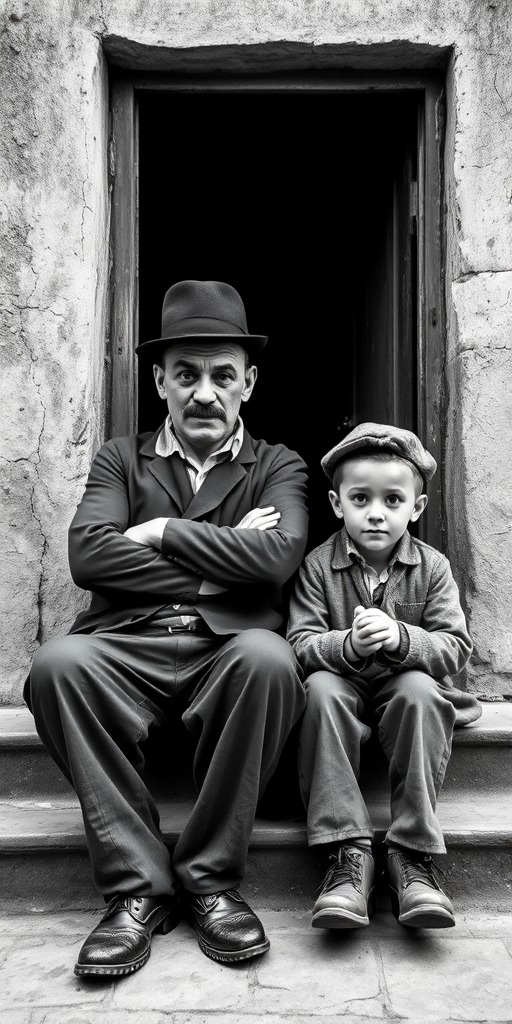 A black-and-white photograph of a man and a child sitting on steps in front of a doorway. The man is dressed as a tramp with a bowler hat, mustache, and ragged clothes, reminiscent of Charlie Chaplin's iconic look. He is sitting with his arms crossed and an expression of slight sadness or frustration. Next to him is a young boy, also in worn clothes and a cap, sitting with his hands clasped, looking thoughtful. The background is an old, textured wall and a partially open door, creating a vintage, early 20th-century atmosphere.