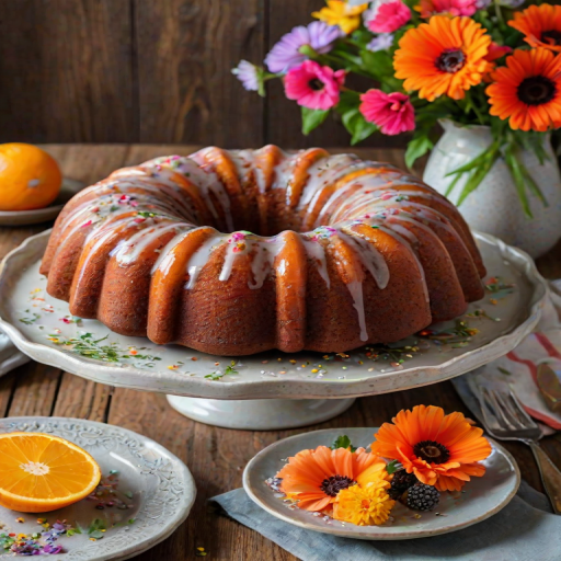 Generate an image of a beautifully glazed bundt cake with a light icing drizzle, garnished with orange zest and served on a decorative plate. Include a small bowl of poppy seeds, a fresh orange, and a bouquet of colorful flowers in the background, all arranged on a rustic wooden table.
