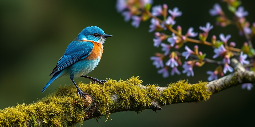 A vibrant blue bird perched on a moss-covered branch with delicate purple flowers in the background, shallow depth of field, soft natural lighting, camera settings: f/2.8, ISO 100, 1/200s, shot with a DSLR camera, 85mm lens with macro focus.