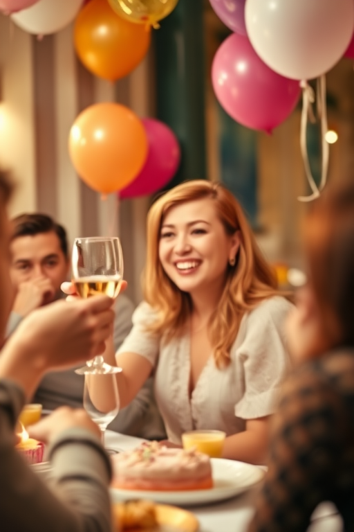 Blurry candid shot of a woman making a toast at a birthday party, surrounded by friends and balloons, with soft light creating a joyful and celebratory atmosphere.