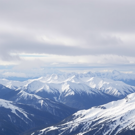 snow-covered mountains under a cloudy sky, shot with a wide-angle lens at f/11, ISO 200, 1/250 sec, using a DSLR camera from a high vantage point to capture the expansive landscape and enhance depth.