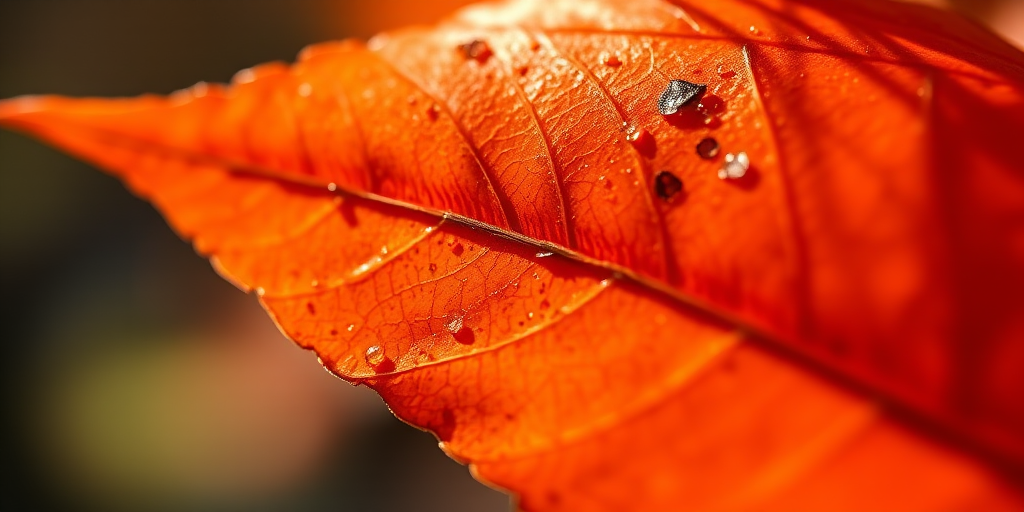 Create a highly detailed macro photograph of a vibrant orange autumn leaf, natural light, f/2.8, 1/200 sec, ISO 100, shot from a low angle, using a DSLR camera with a 100mm macro lens for crisp focus and rich color contrast.