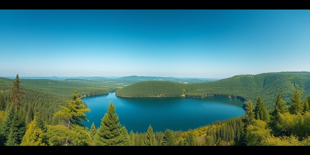 Create a high-resolution image of a serene landscape featuring a tranquil lake surrounded by lush green forests under a clear blue sky, captured with a Canon EOS R5, 24-70mm f/2.8 lens, settings at f/11, ISO 100, shutter speed 1/125s, wide-angle view for an expansive perspective.
