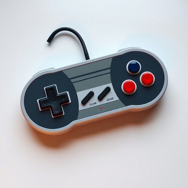 Create a high-resolution digital illustration of a classic Nintendo game controller, featuring a detailed design with visible texture and shadow effects, captured using a DSLR camera with a 50mm lens, f/1.8 aperture, ISO 100, shot from a top-down view with soft natural lighting to enhance colors and depth.
