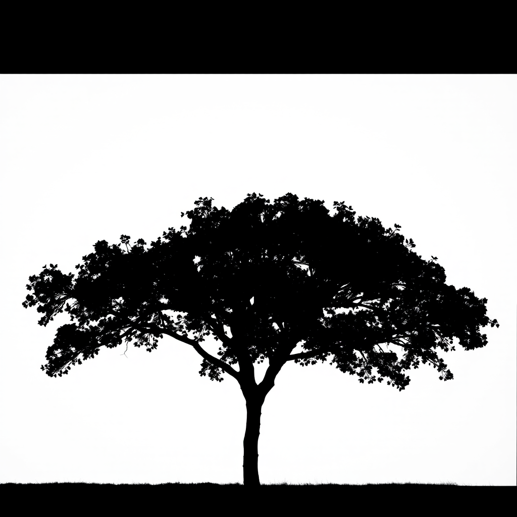 Generate a high-contrast black silhouette of a tree on a white background with a 50mm lens, f/2.8 aperture, 1/500 shutter speed, taken with a DSLR camera in landscape orientation for enhanced detail and sharpness.