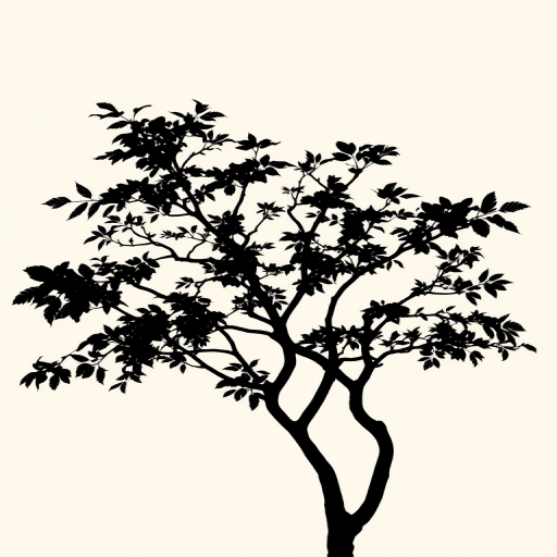 generate a high-resolution image of a stylized tree silhouette with intricate leaf details against a solid background, captured with a DSLR camera at f/4 aperture, ISO 100, focal length 50mm, using a panoramic view to enhance visual depth.