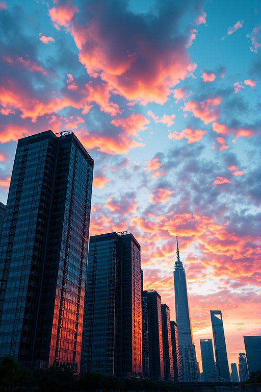 Generate a high-resolution image of a futuristic city skyline at sunset with vibrant colors and dynamic clouds, using a Canon EOS R5 with an 85mm f/1.2 lens, shot from a low angle to emphasize the towering buildings, and set the ISO to 100, aperture at f/11, and shutter speed to 1/60 sec for optimal exposure.