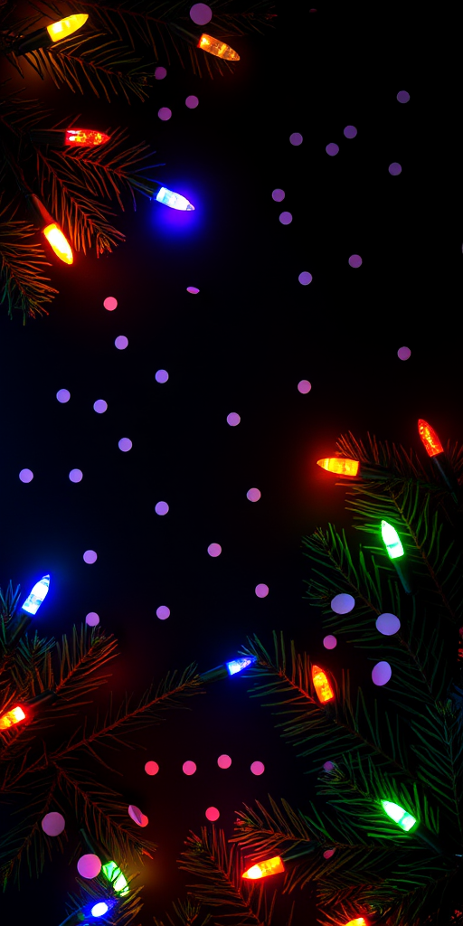 Create an image featuring a dark background adorned with colorful Christmas lights and pine branches. Include small round confetti pieces scattered across the scene to enhance the festive atmosphere. The composition should have a balanced arrangement of the branches and lights, creating a cozy holiday feel.