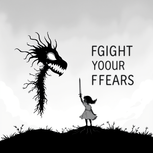 Fight your fears illustration of black and white minimalist of a little girl standing on a hill, raising a sword in hand, she is facing a large menacing creature with large head, sharp teeth and sharp claws, its body is made of vines and roots. The background is a cloudy sky with a hint of smoke or fog. The overall mood of the image is dark and eerie.