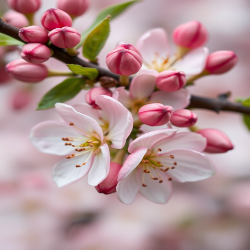 Close-up of blooming apple flowers with pink buds on a branch, soft focus background, taken with a DSLR camera at f/2.8, 50mm lens, ISO 100, 1/200 sec exposure, natural soft light.