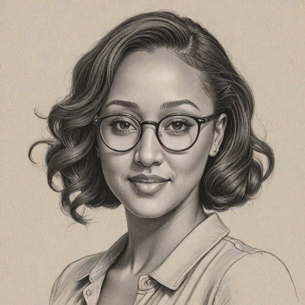 Captivating Tamera Mowry-Housley, pencil sketch, portrait of Delightful woman 1939s in glasses, hair style beatnik, outline, clear lines, fine lines, 8k