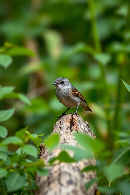 A small bird perched on a log surrounded by green foliage, shot with a Canon EOS 5D Mark IV, 200mm lens, aperture f/4.0, ISO 400, natural light, shallow depth of field.