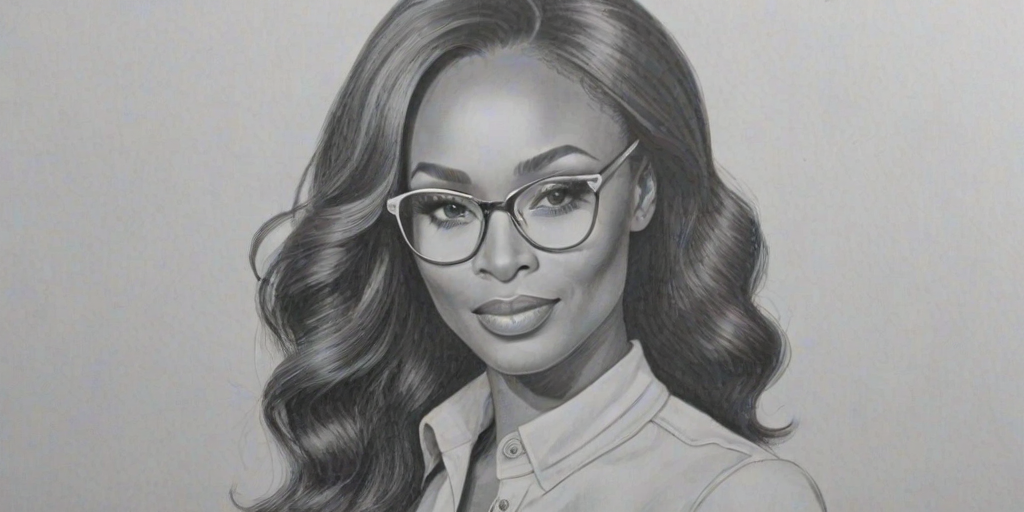 Wonderful Cynthia Bailey, pencil sketch, portrait of Beauteous woman 1968s in glasses, hair style beatnik, outline, clear lines, fine lines, 8k