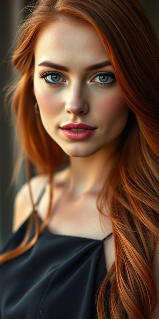 Regenerate a hyper-realistic portrait of a woman with long, flowing red hair, wearing a dark, elegant dress, in soft natural lighting; use a 50mm lens, f/1.8 aperture for shallow depth of field, shot with a DSLR camera, in a close-up view focusing on her expression and details.