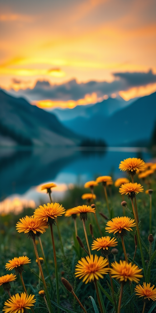 Generate a vibrant landscape featuring dandelion-like flowers glowing at sunset by a tranquil lake, with mountains in the background, using a DSLR camera at f/5.6, ISO 100, 24mm lens, capturing a wide-angle view with a warm color palette and enhanced details.