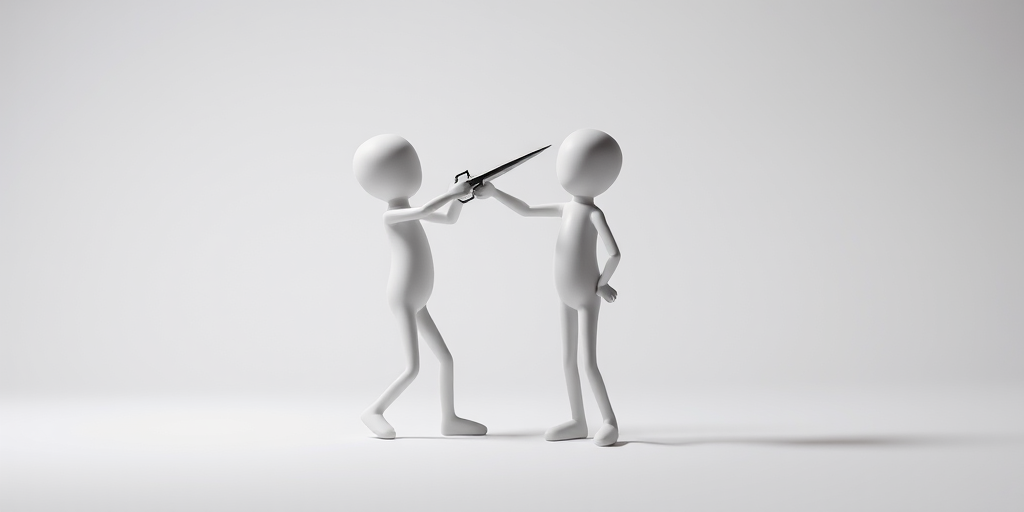Create a high-resolution image of two minimalist 3D figures, one figure playfully pretending to stab the other in a comical manner, using a DSLR camera with a 50mm lens, aperture set to f/2.8, ISO 100, and a soft studio lighting setup for enhanced detail and depth.