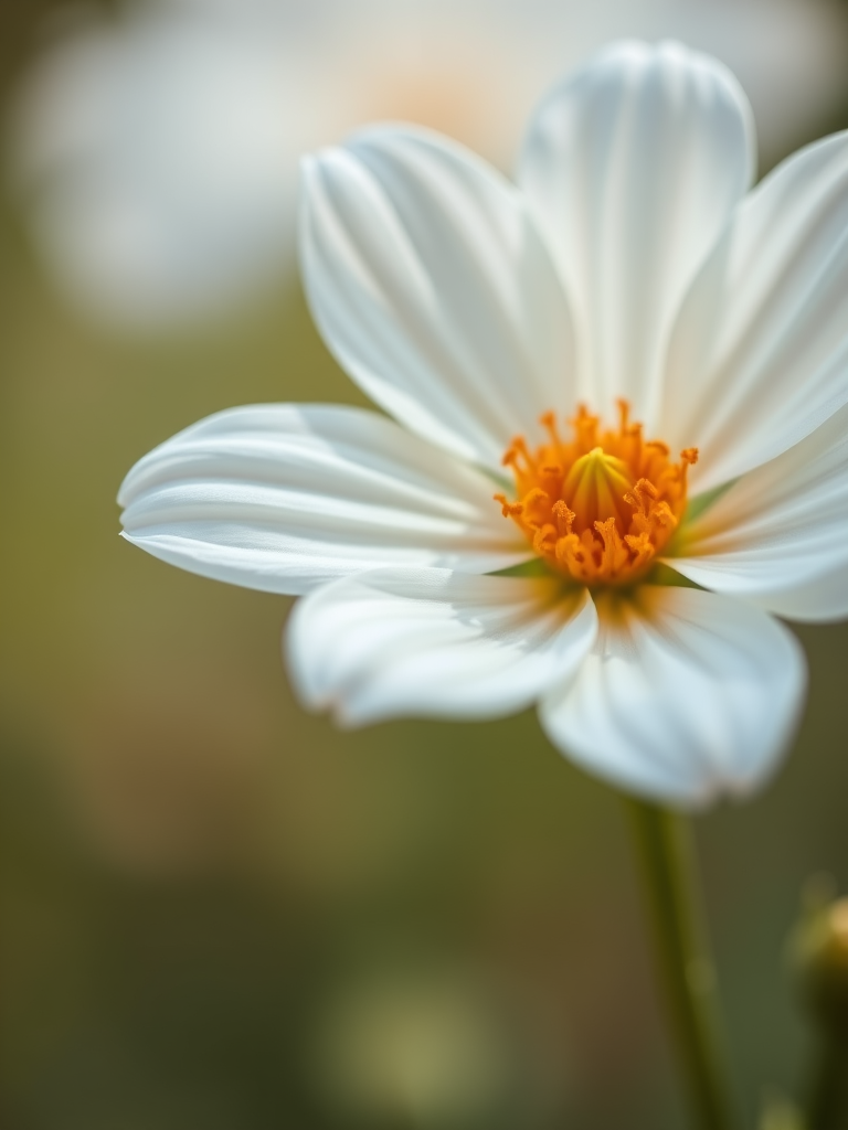 high-resolution close-up of a white flower with an orange center, soft focus background, macro lens, aperture f/2.8, 50mm prime lens, natural lighting, DSLR camera