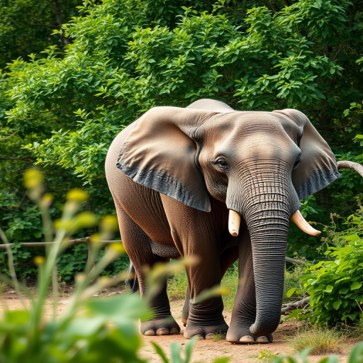 A majestic elephant standing beside lush green foliage in a natural habitat, captured with a Canon EOS 5D Mark IV, 50mm lens, aperture f/4, ISO 200, shutter speed 1/250s, shot from a low angle with a shallow depth of field to enhance focus on the elephant.